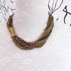 Gold beaded multi strand necklace with iridescent, clear and brown beading MCM